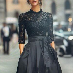 Elegant Black Lace Bodice Evening Dress with Satin Skirt